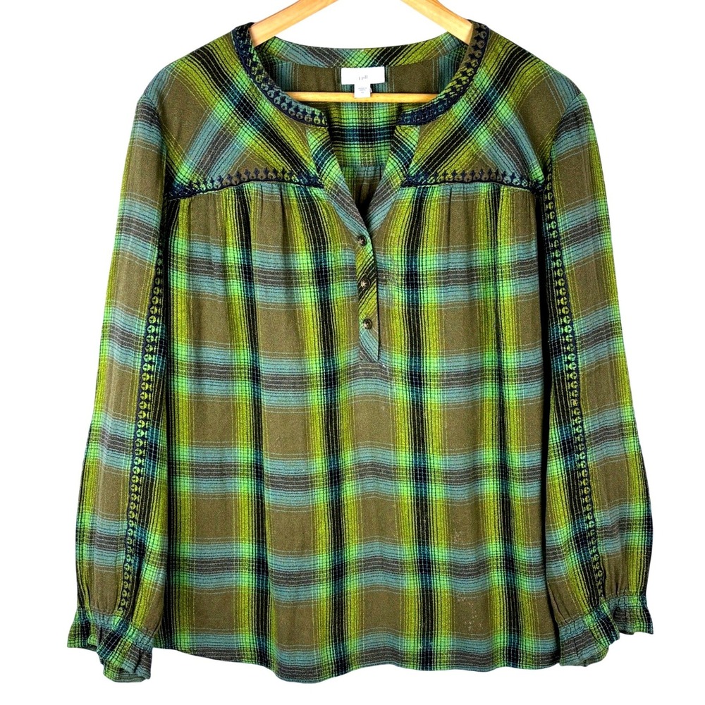 J. Jill Long Sleeve Plaid Embroidered Peasant Blouse XL Green Boho Cottage Fall
